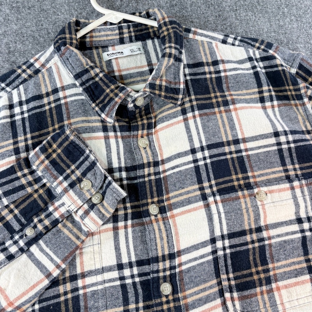 Sonoma Goods For Life Mens XXL Tall Plaid Flannel Button Down Shirt Navy Cream